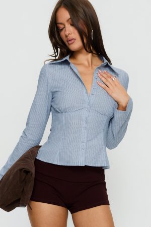 Cottesloe Long Sleeve Blouse Top Blue Stripe