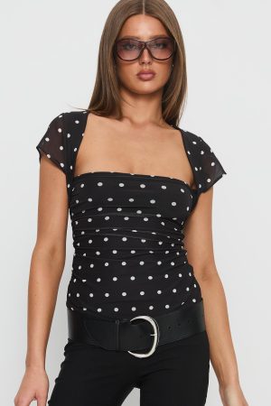 Attraction Cap Sleeve Mesh Top Black Polka