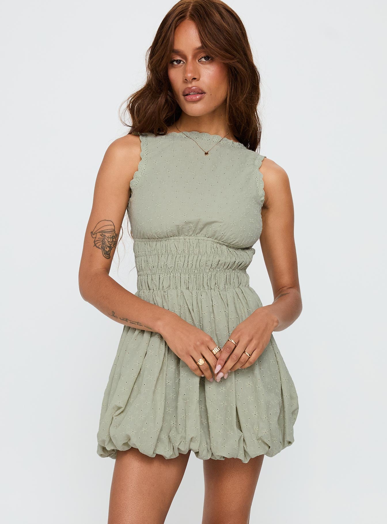 Vittoria Bubble Hem Mini Dress Sage - Image 2