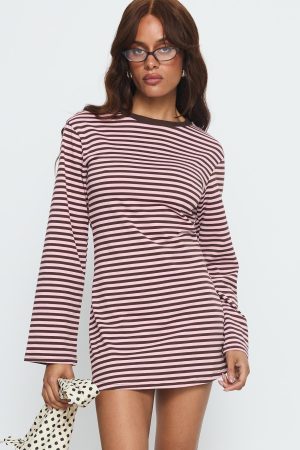 Lulolah Long Sleeve Mini Dress Chocolate / Pink Stripe