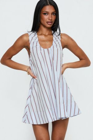 Eberta Ruched Baby Doll Mini Dress Blue Stripe