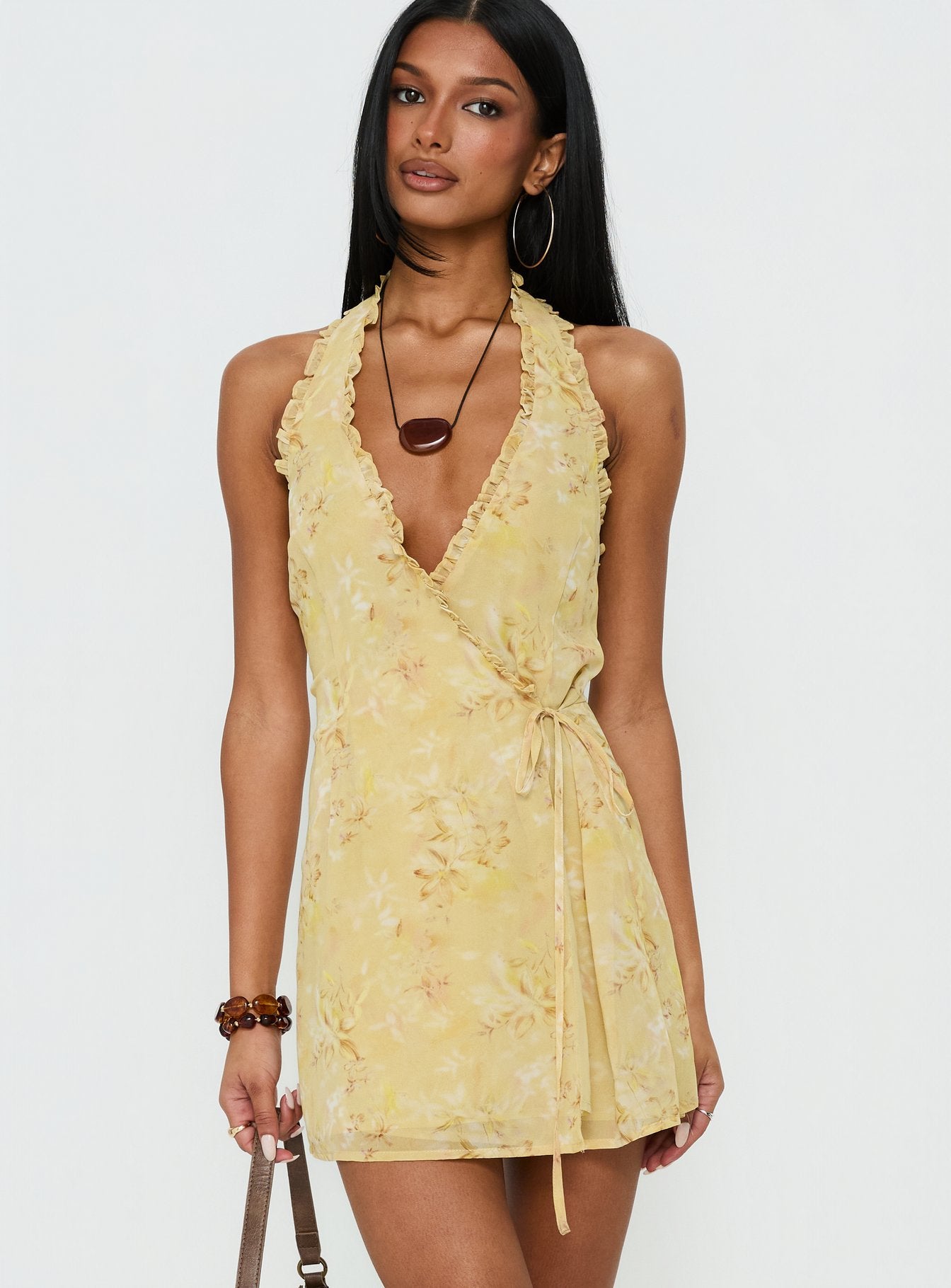 Taija Wrap Mini Dress Yellow Floral - Image 2