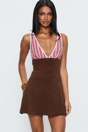 Aydenn Contrast Plunge Mini Dress Pink / Brown