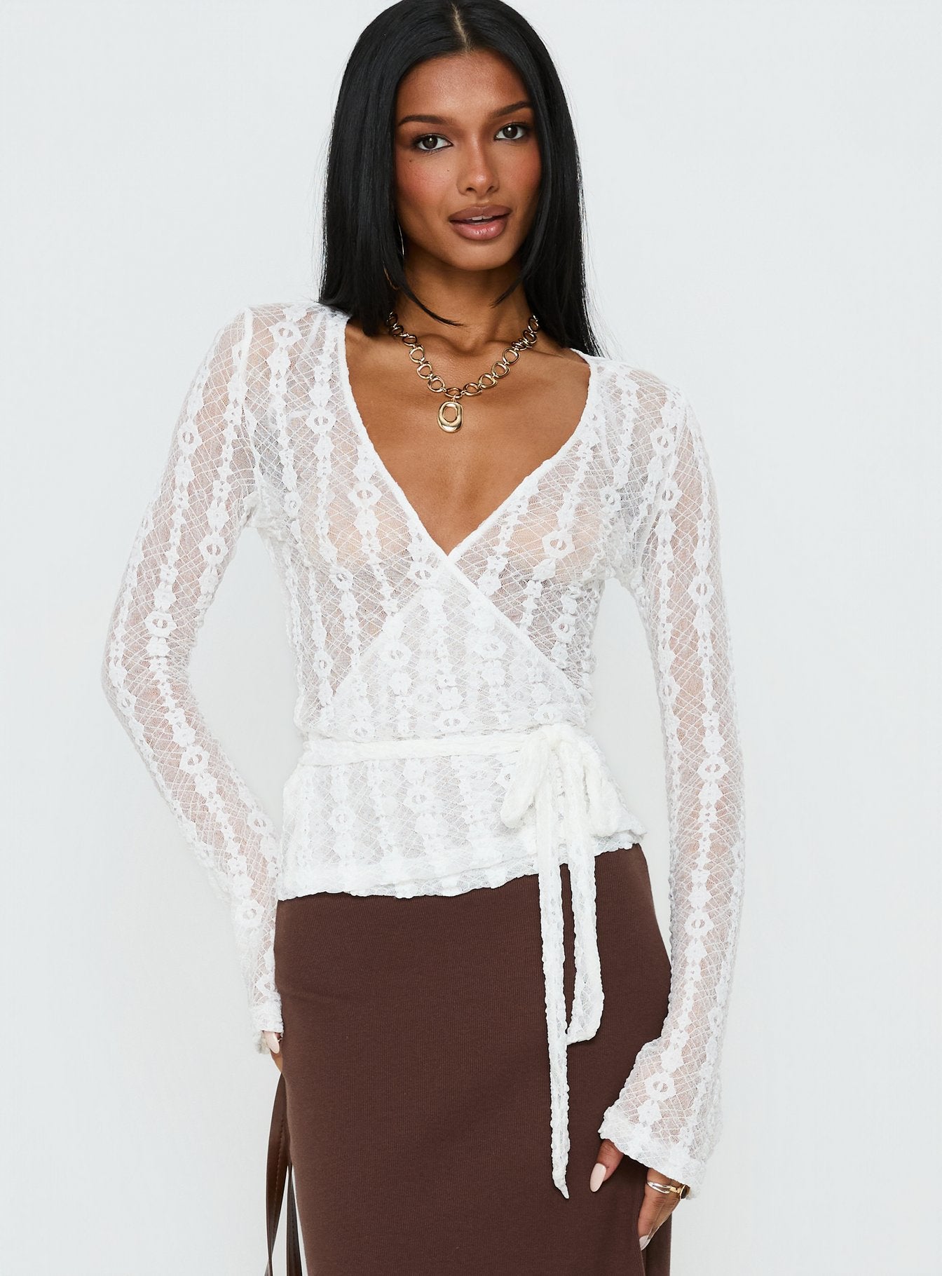 Melara Lace Long Sleeve Wrap Top White - Image 2