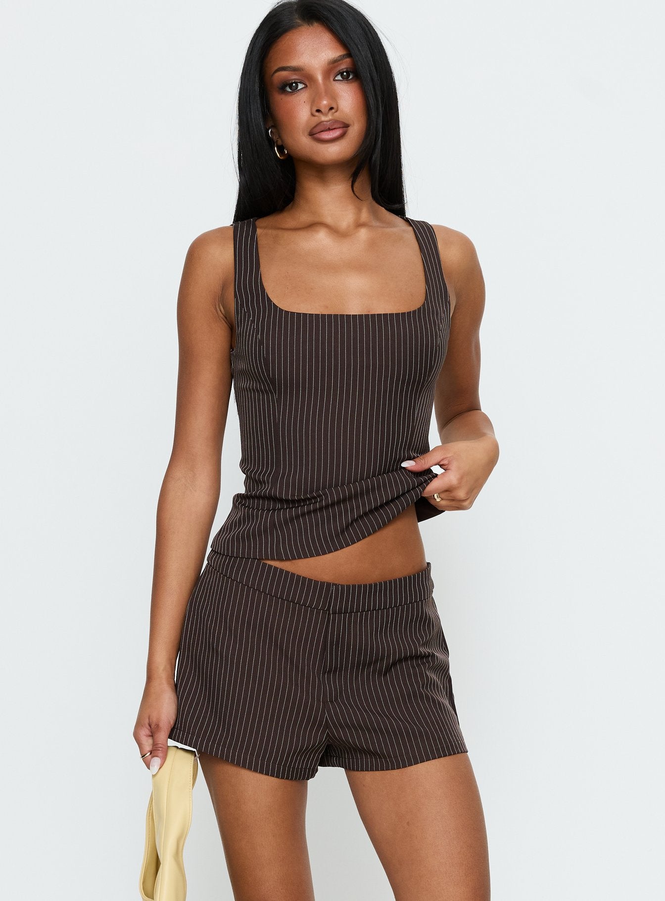 Party Invitations Tailored Shorts Brown Pinstripe - Image 2