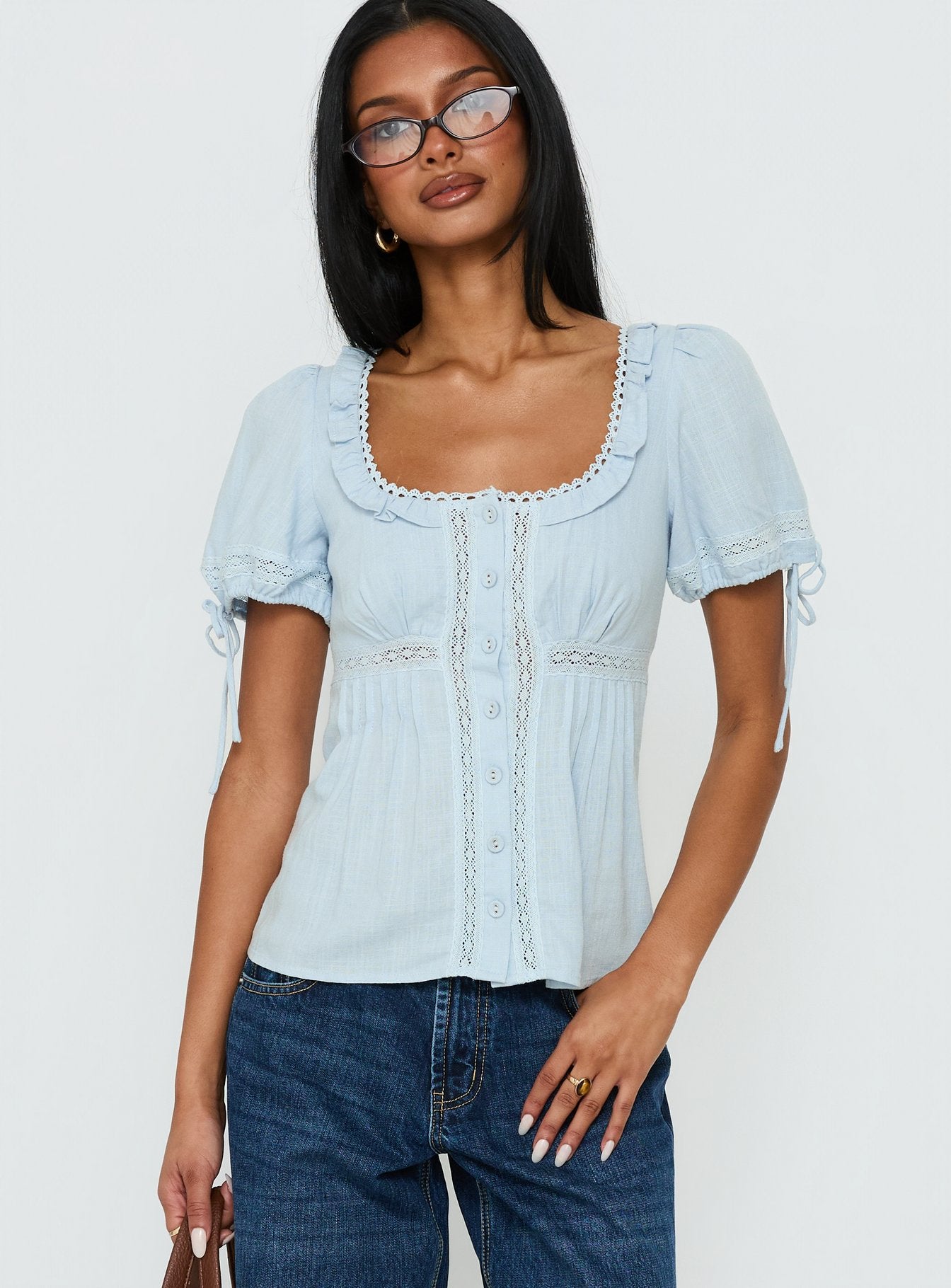 Indianah Pleat Lace Panel Blouse Top Blue - Image 2