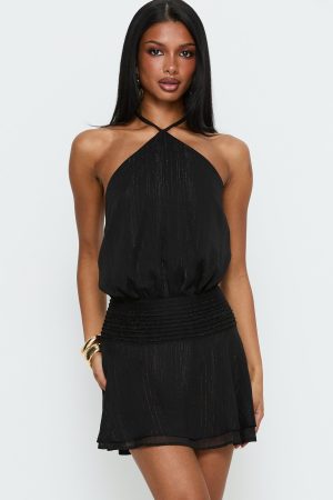 Rozario Chiffon Halter Mini Dress Black / Silver