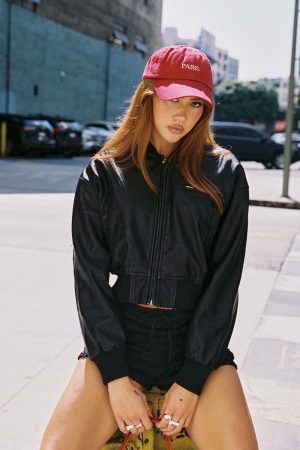 Sweet Disaster Faux Leather Cropped Bomber Jacket Black
