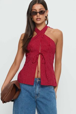 Sensational Cross Front Tie Detail Top Red Stripe