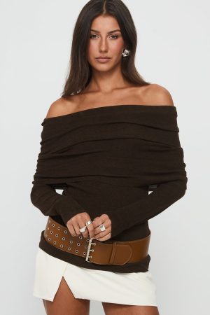 Florrie Off Shoulder Foldover Long Sleeve Top Chocolate