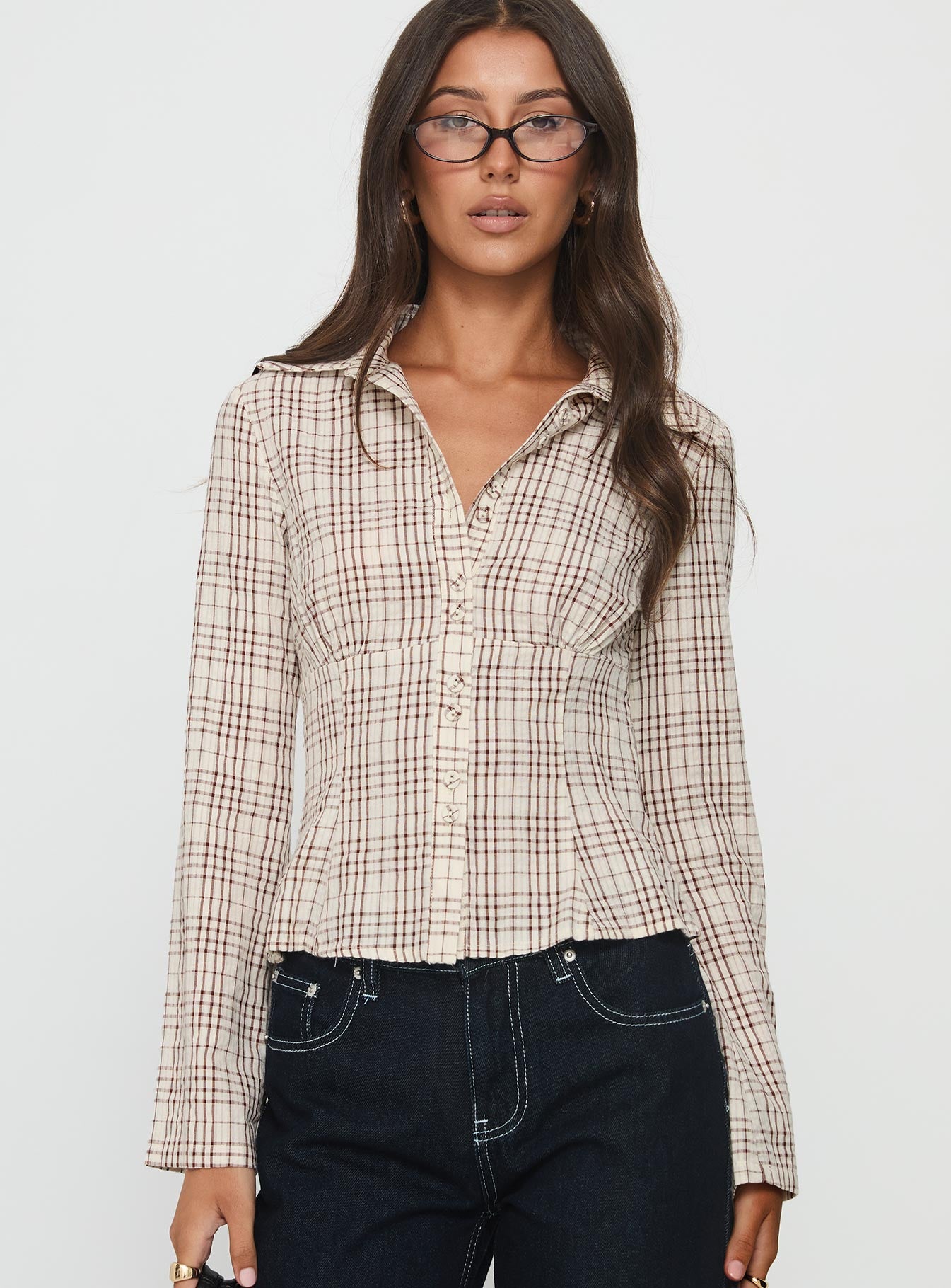 Cottesloe Long Sleeve Blouse Top Brown Check - Image 2