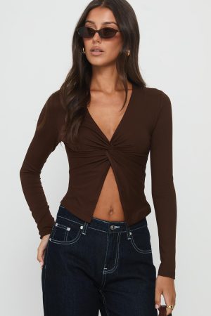No Hard Feelings Twist Long Sleeve Top Brown