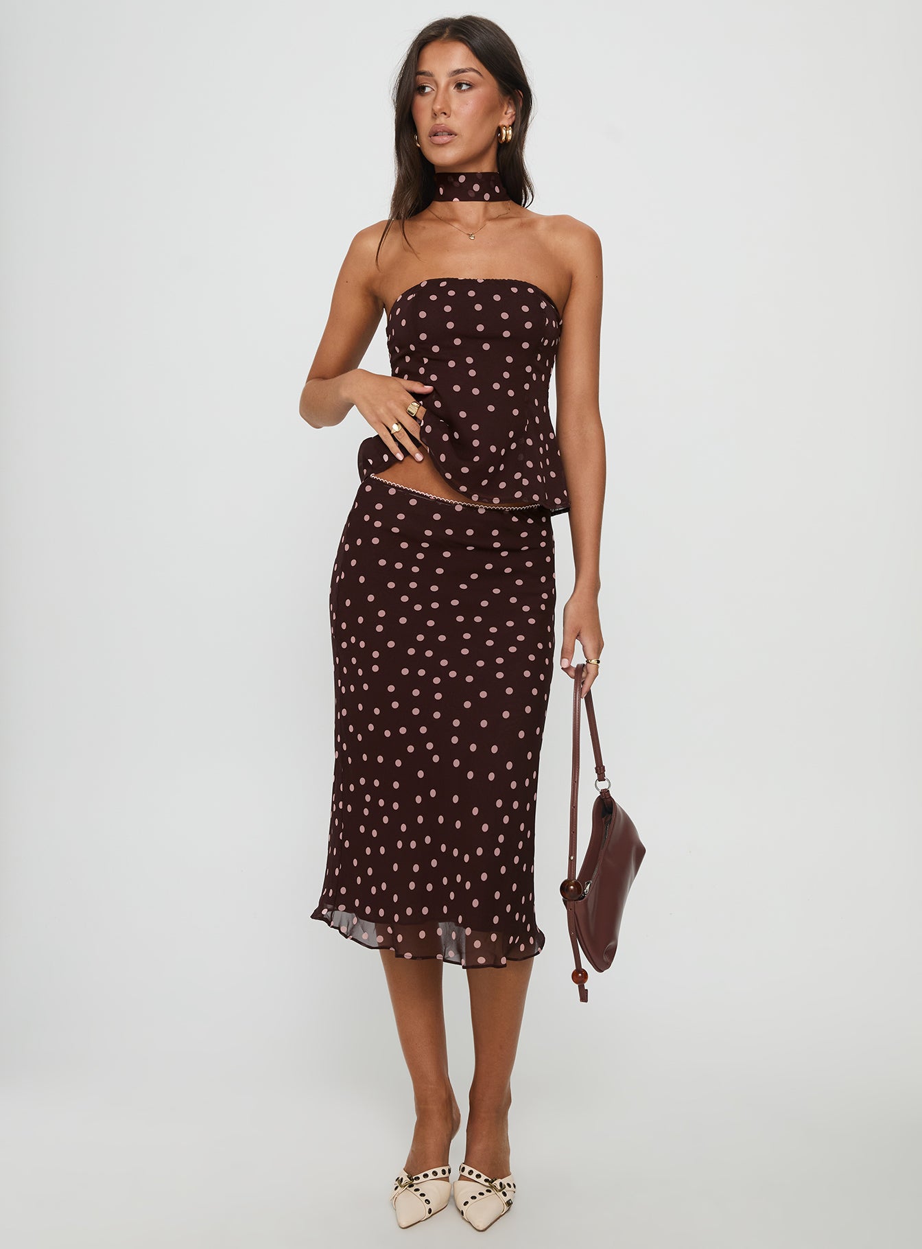 Sydni Midi Bias Cut Skirt Chocolate / Pink Polka - Image 2
