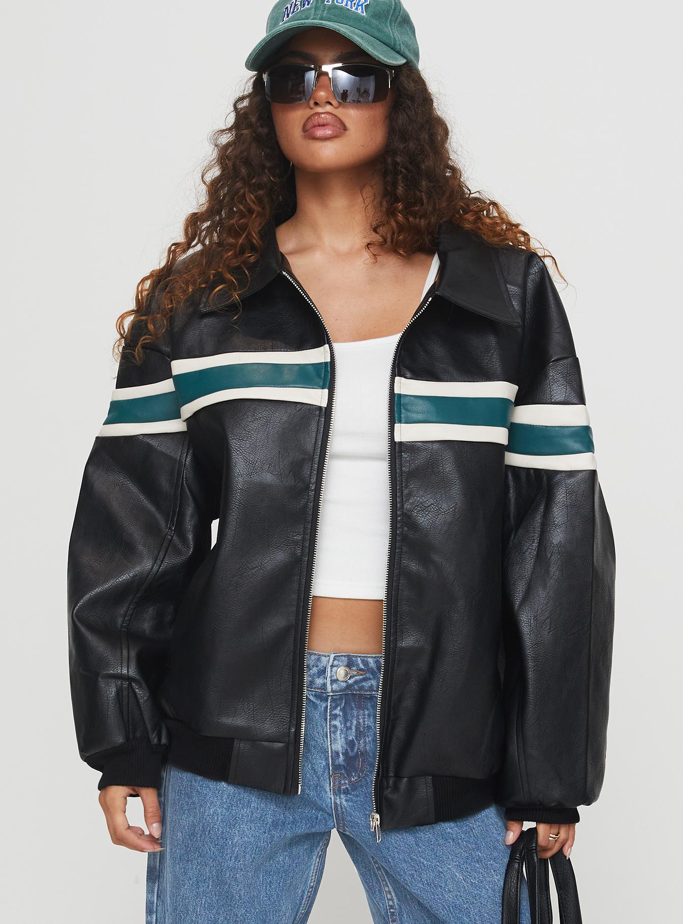 Goldsmith Faux Leather Bomber Jacket Black / Green - Image 2