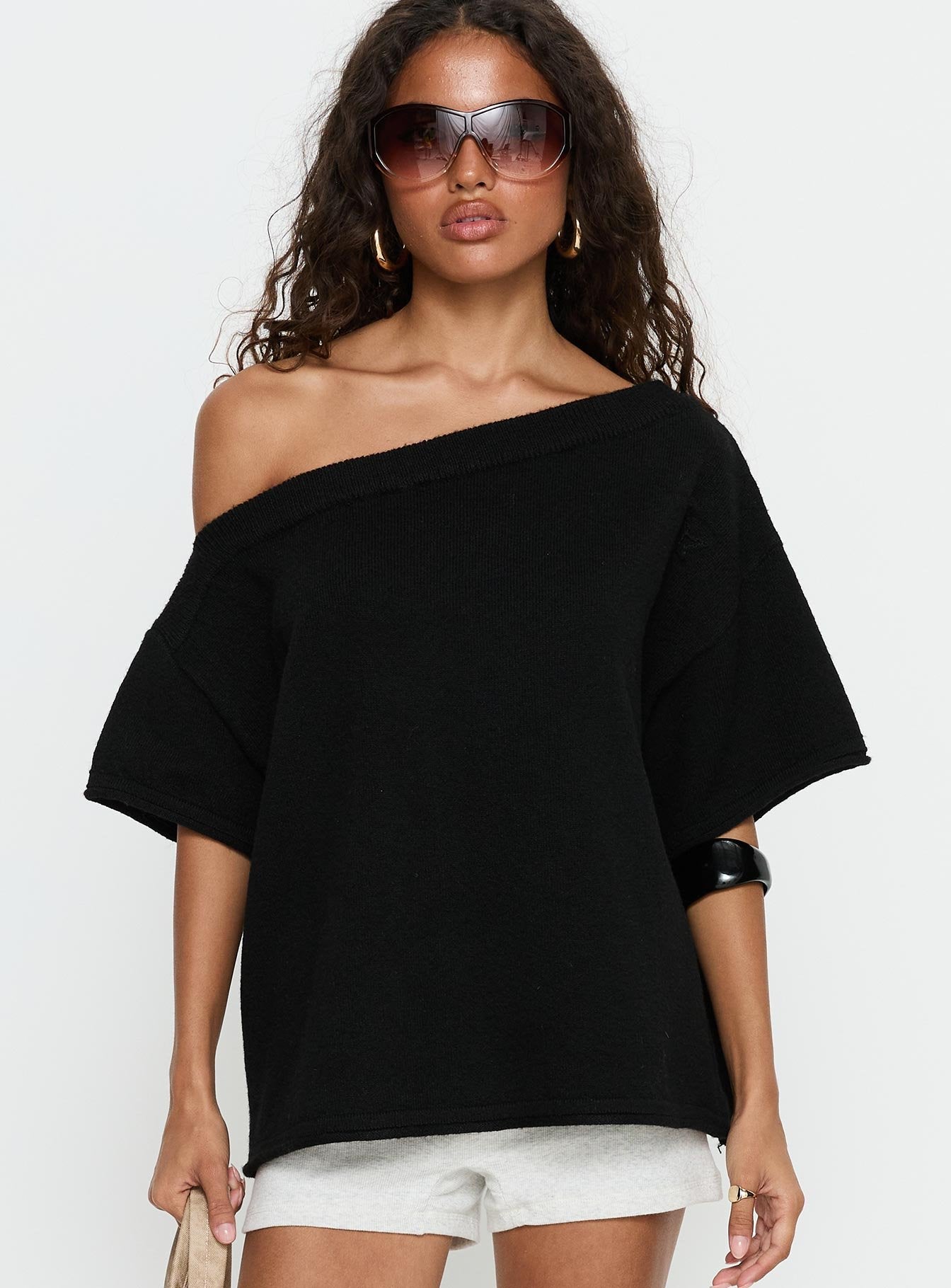 Kourta Off Shoulder Oversized Knit Top Black - Image 2