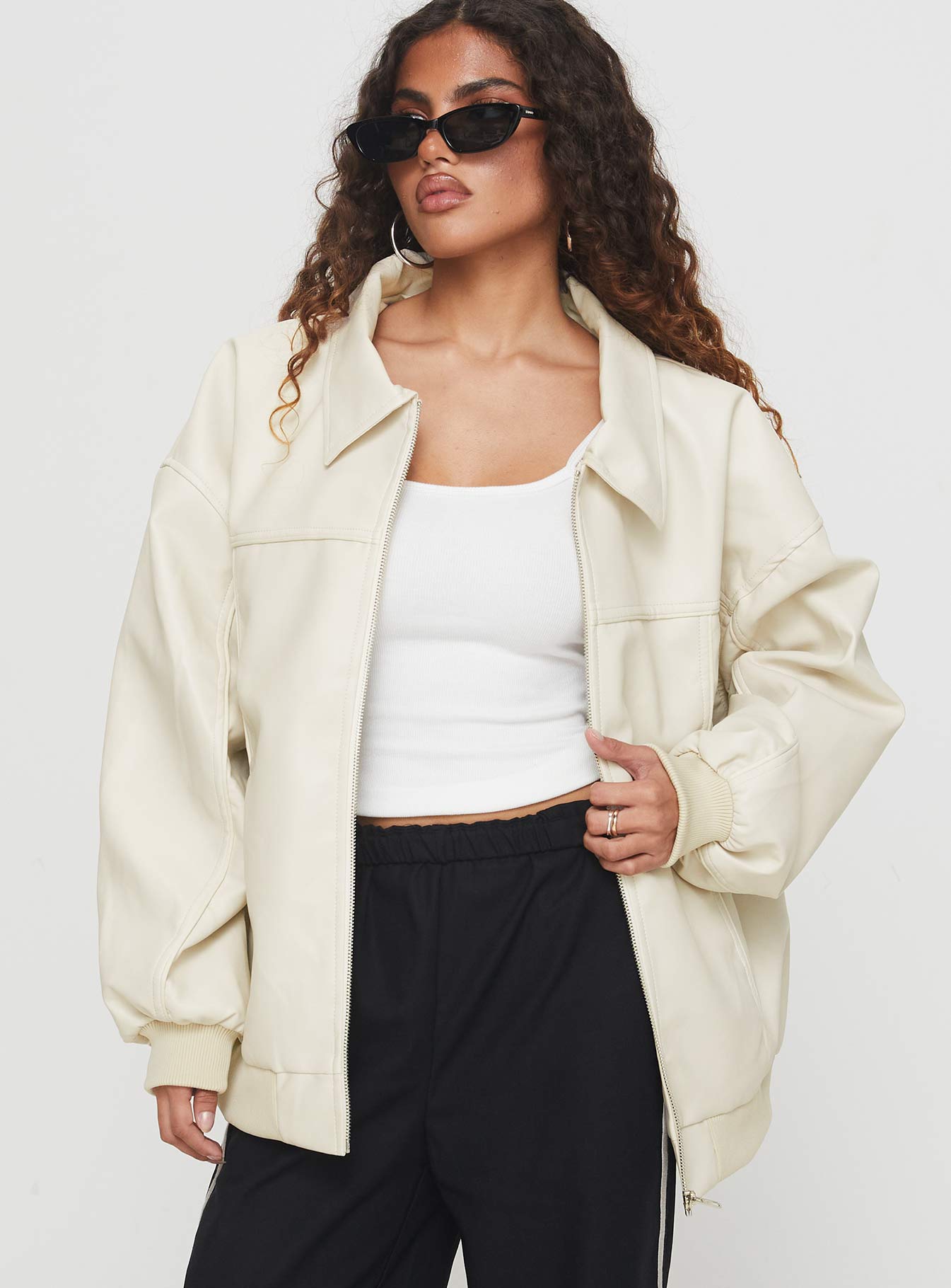 Goldsmith Faux Leather Bomber Jacket Cream - Image 2