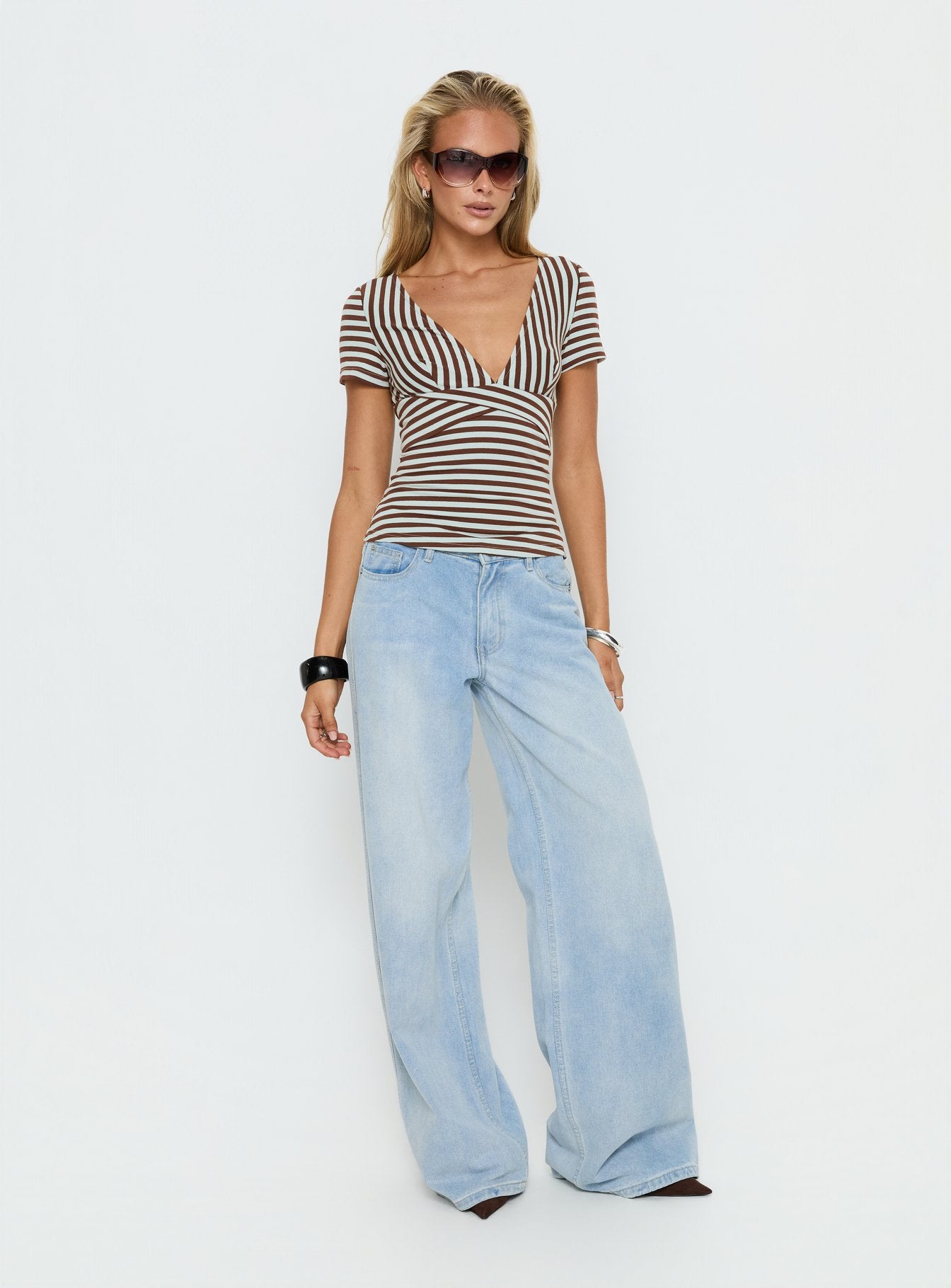 Madelon Short Sleeve Wrap Top Brown / Blue Stripe - Image 3