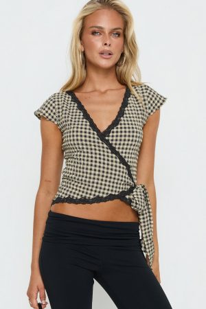 Meltwater Lace Trim Wrap Detail Top Black Check