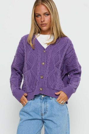 Dillian Cable Knit Cardigan Purple