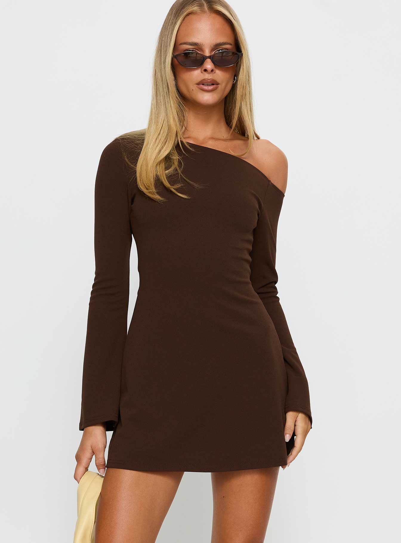 Adrietta Long Sleeve Off Shoulder Mini Dress Brown - Image 2