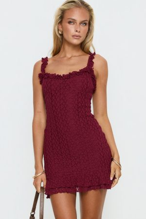 Steffi Frill Lace Mini Dress Burgundy