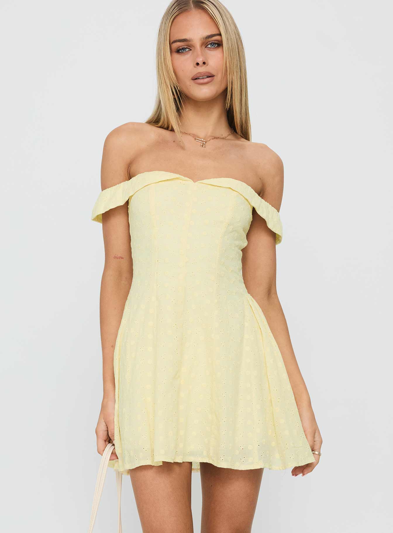 Rosebud Off The Shoulder Mini Dress Lemon - Image 2