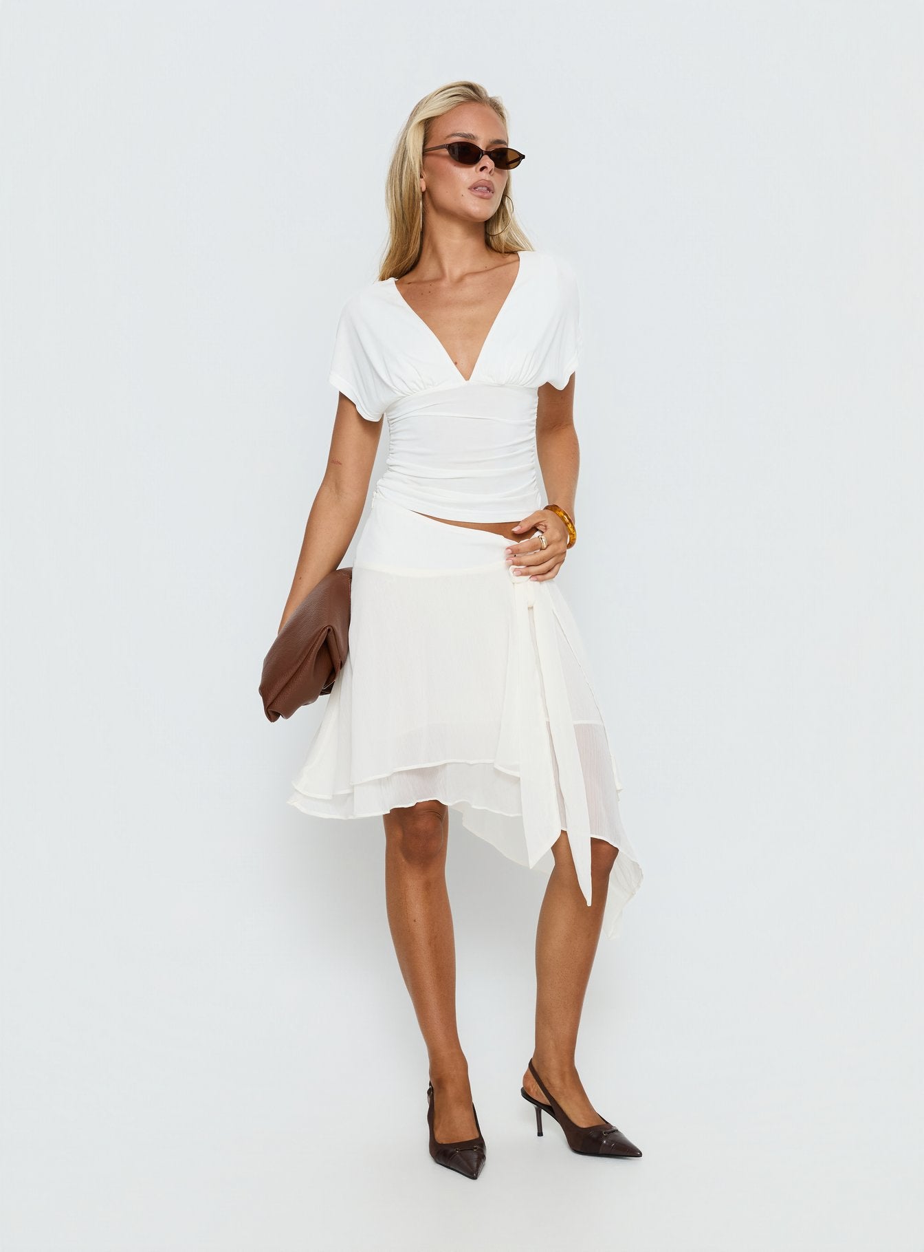 Ophella Tie Waist Chiffon Midi Skirt Cream - Image 2