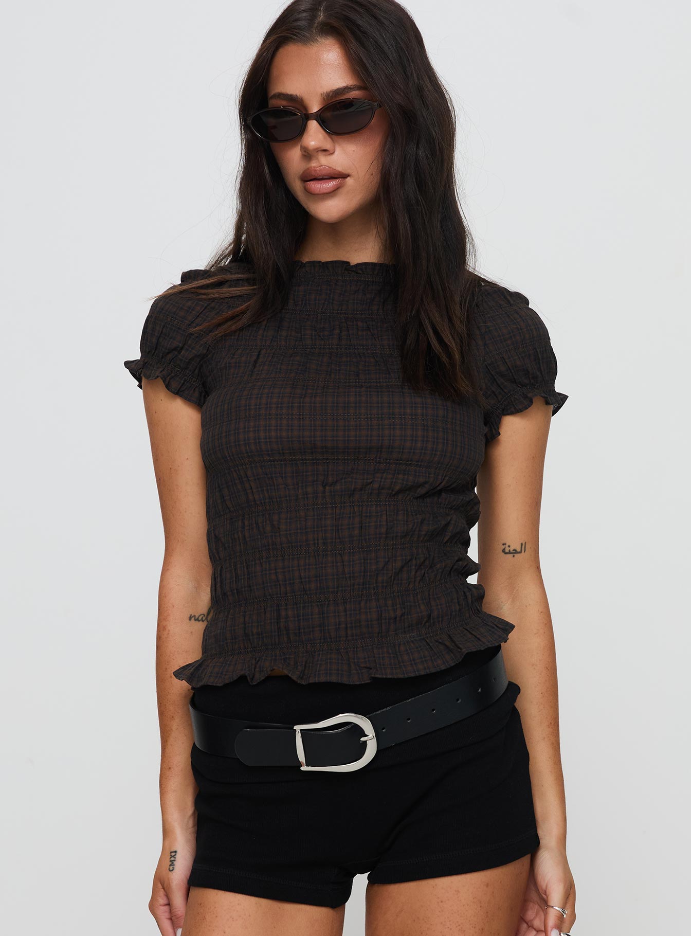 Romelle Shirred Top Black / Brown Plaid - Image 2