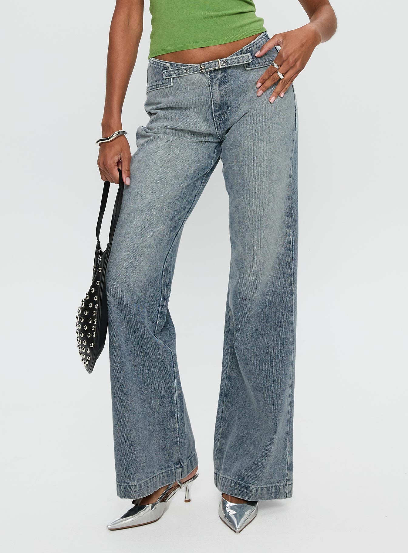 Slow Ride Mid Rise Bootleg Belted Jeans Light Blue - Image 2
