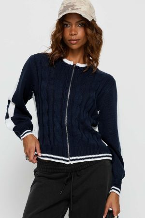 Tevyn Cable Knit Zip Through Knit Sweater Blue / Cream