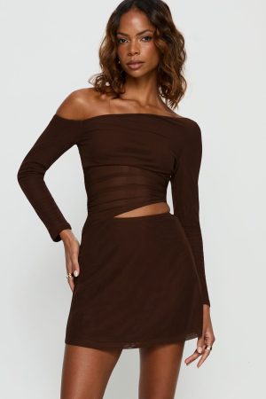 Fade To Black Off Shoulder Long Sleeve Mini Dress Chocolate