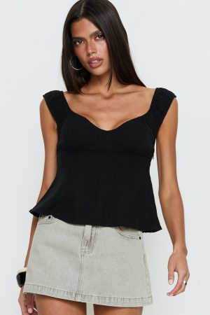 With Pleasure Puff Sleeve Linen Blouse Top Black