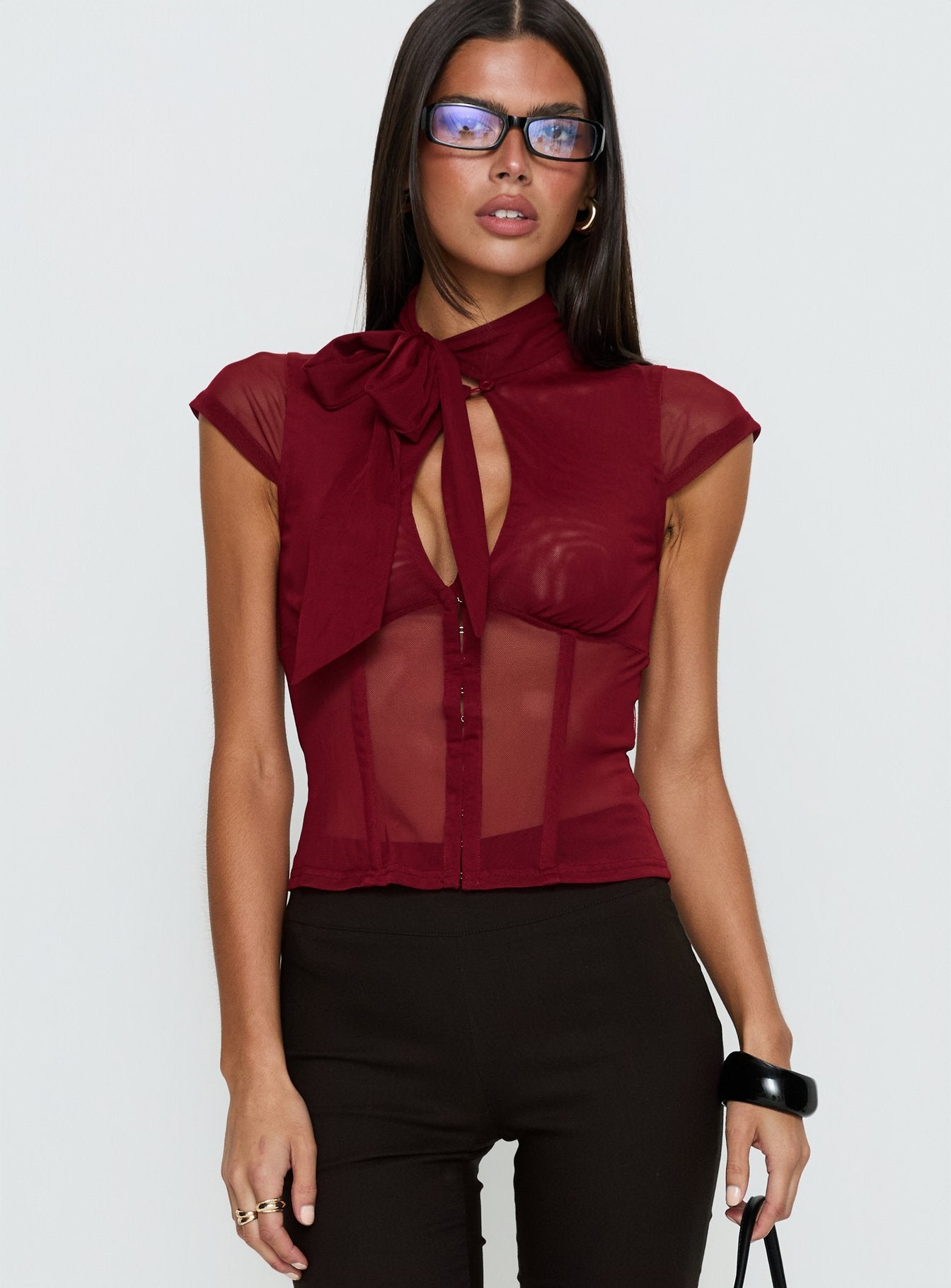 Anistasia Mesh Keyhole Corset Top Burgundy - Image 2