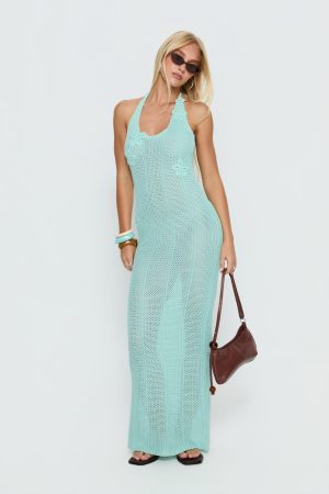 Nalanie Halter Crochet Maxi Dress Aqua