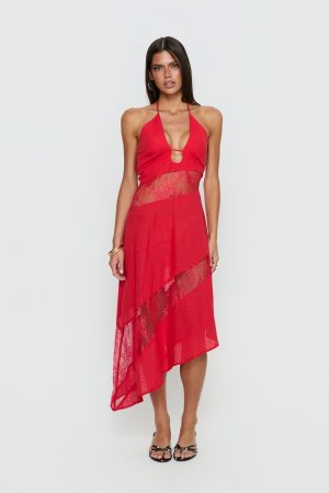 Down With Love Asymmetrical Midi Dress Red