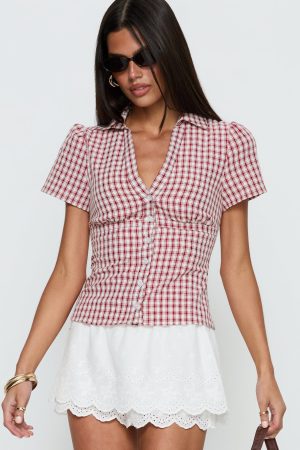 What A Show Button Up Top Red Check
