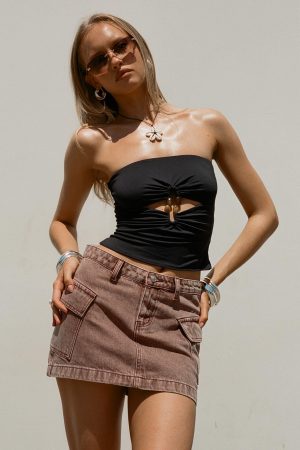 Zakai Cargo Denim Mini Skirt Brown