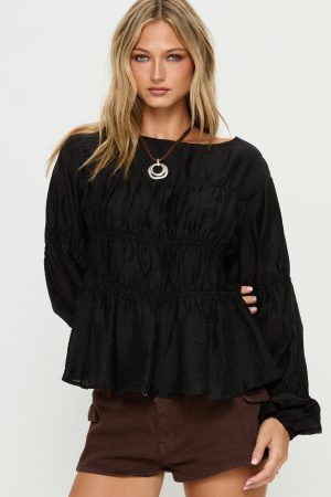 Xamira Ruched Long Sleeve Top Black