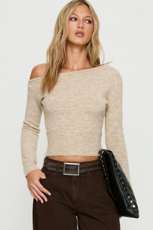 Selbey Fluffy Cinched Waist Off Shoulder Top Cream Marle
