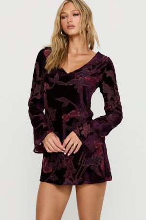 Alitra Long Sleeve Mini Dress Floral Devore Burgundy