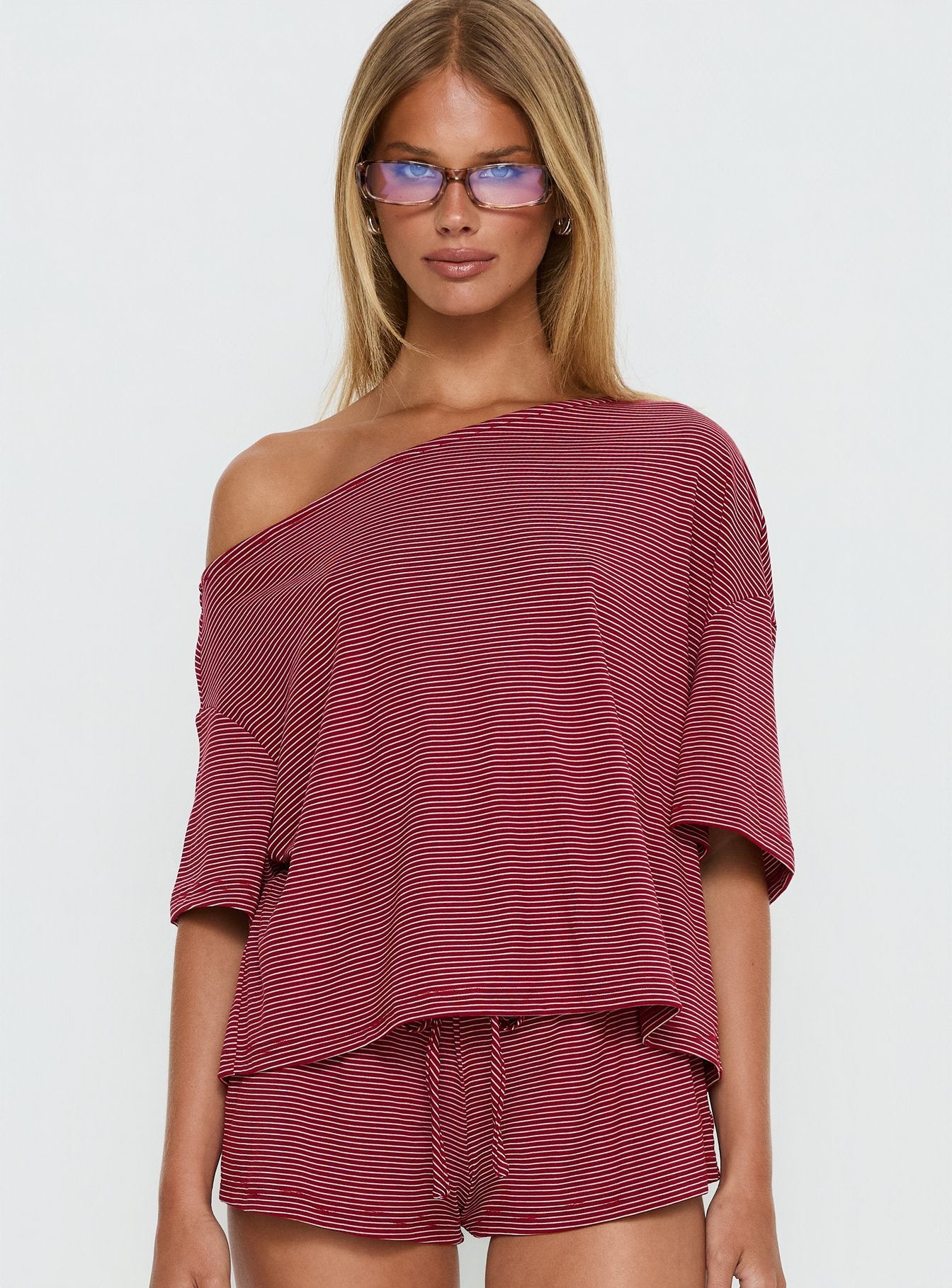 Sugar Surge Off Shoulder Sleep Top Cherry Stripe - Image 2