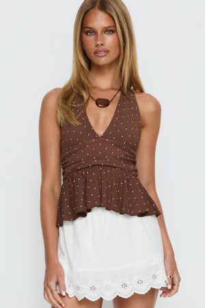 Xalira Frill Halter Top Brown Polka