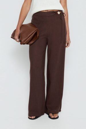 Pine For You Bead Detail Linen Pant Brown