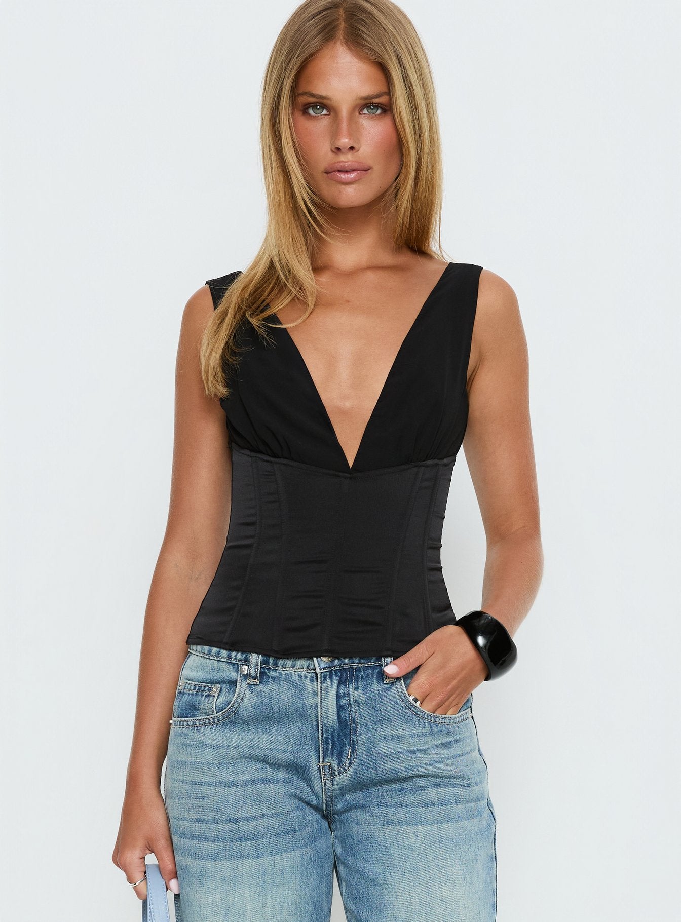 Briannah Contrast Corset Top Black - Image 2