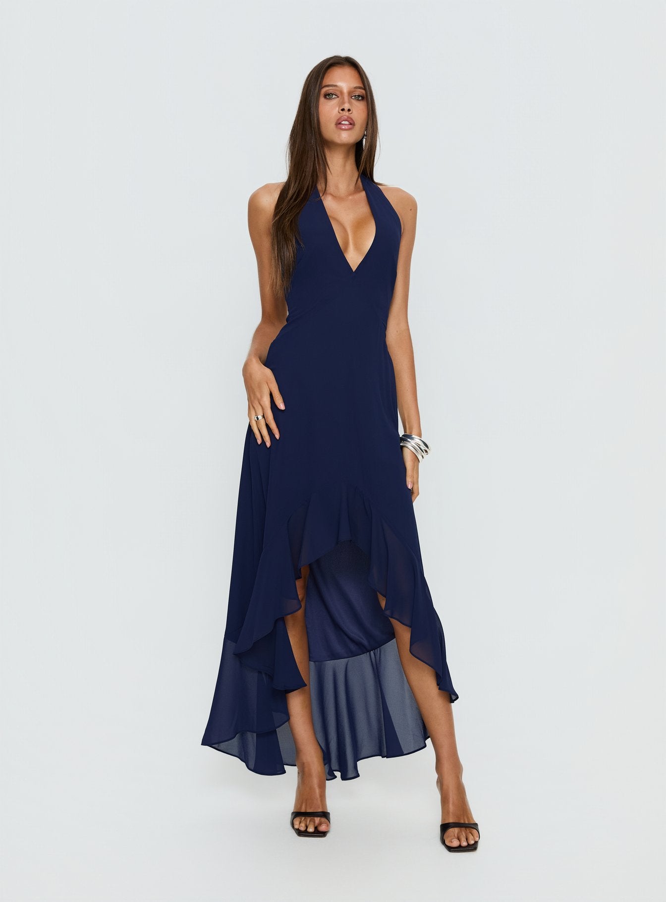 Agata Halter Frill Maxi Dress Navy - Image 2