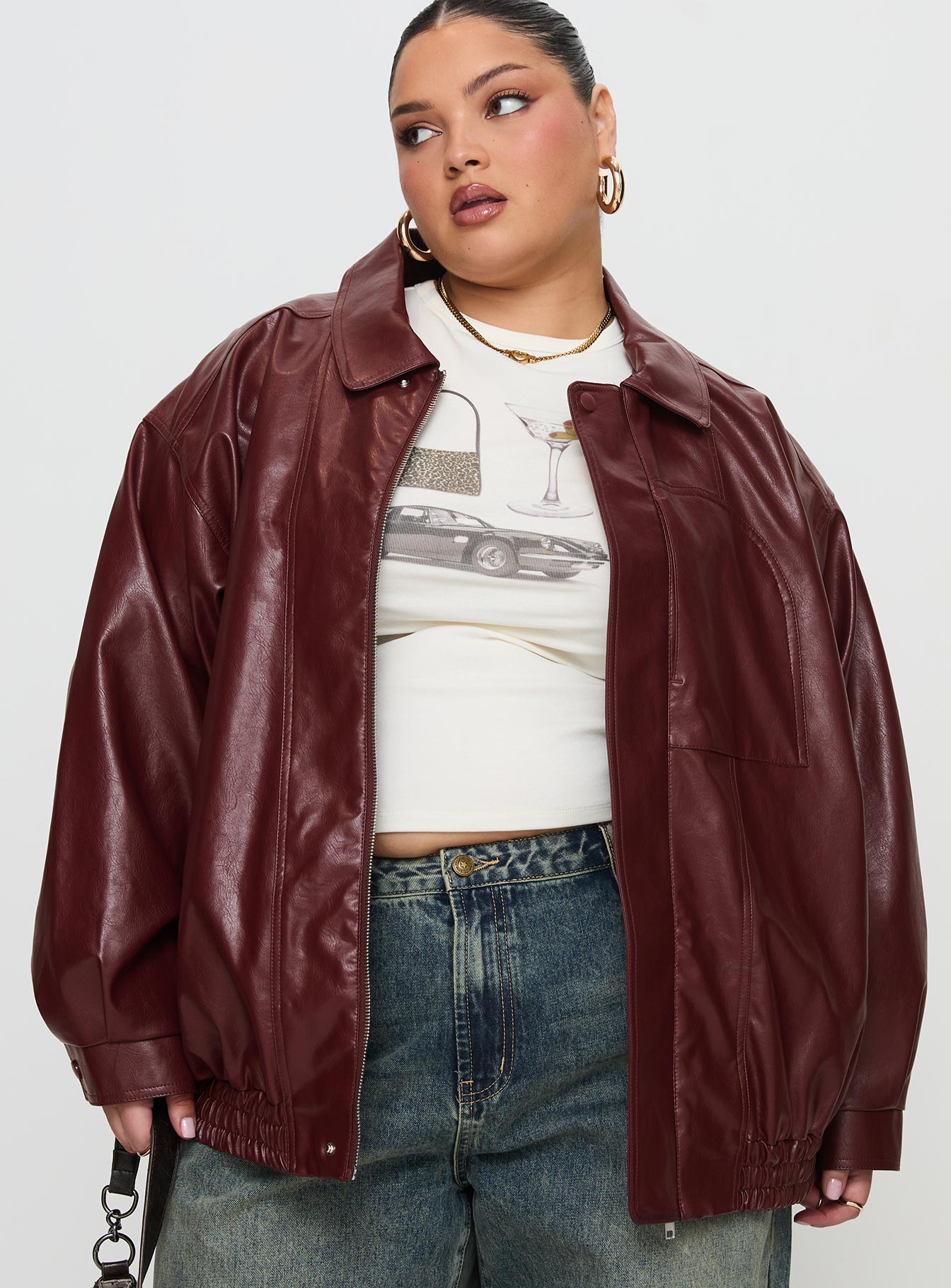 Devija Faux Leather Jacket Burgundy Curve - Image 2
