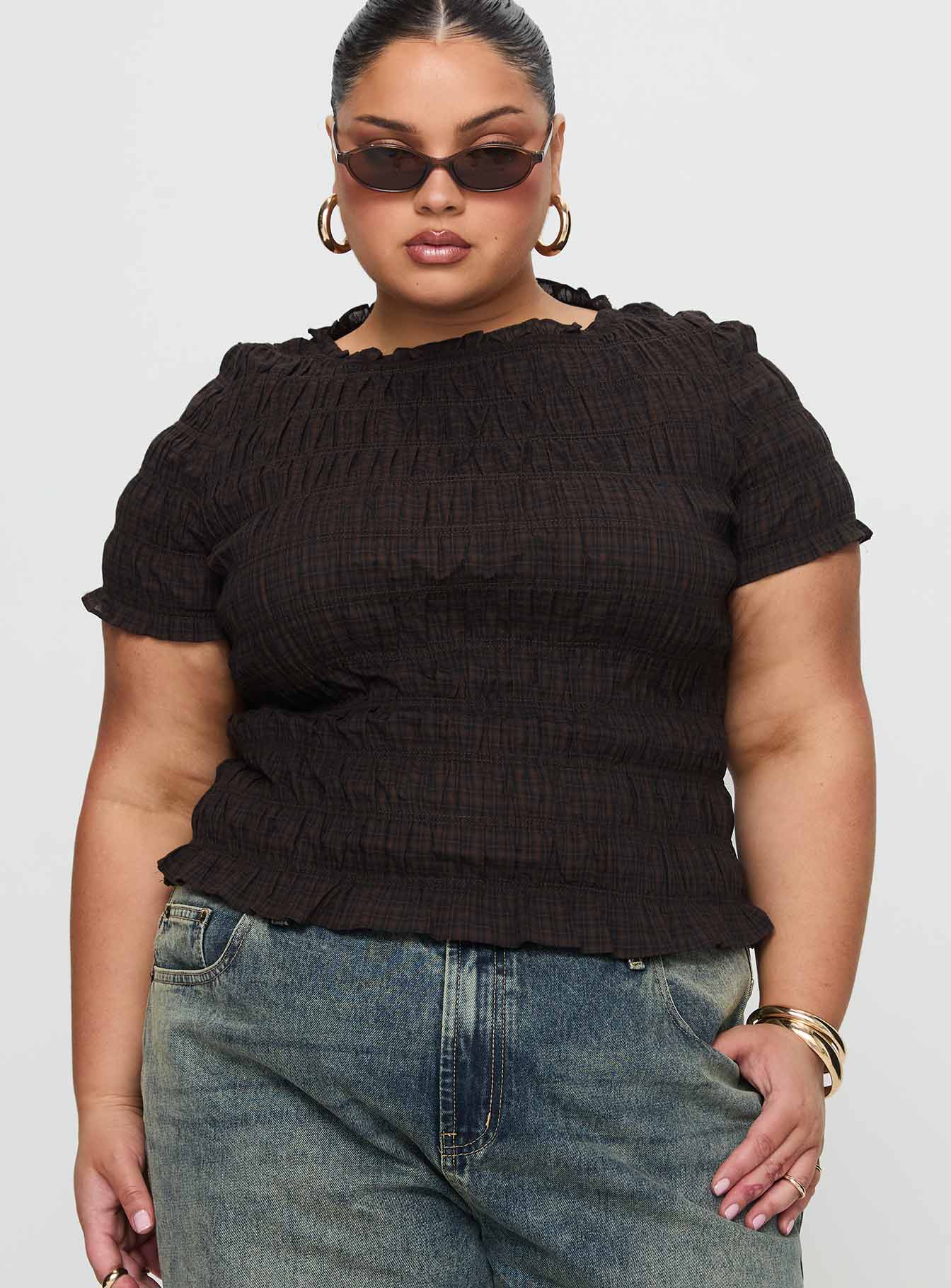 Romelle Shirred Top Black / Brown Plaid - Image 8