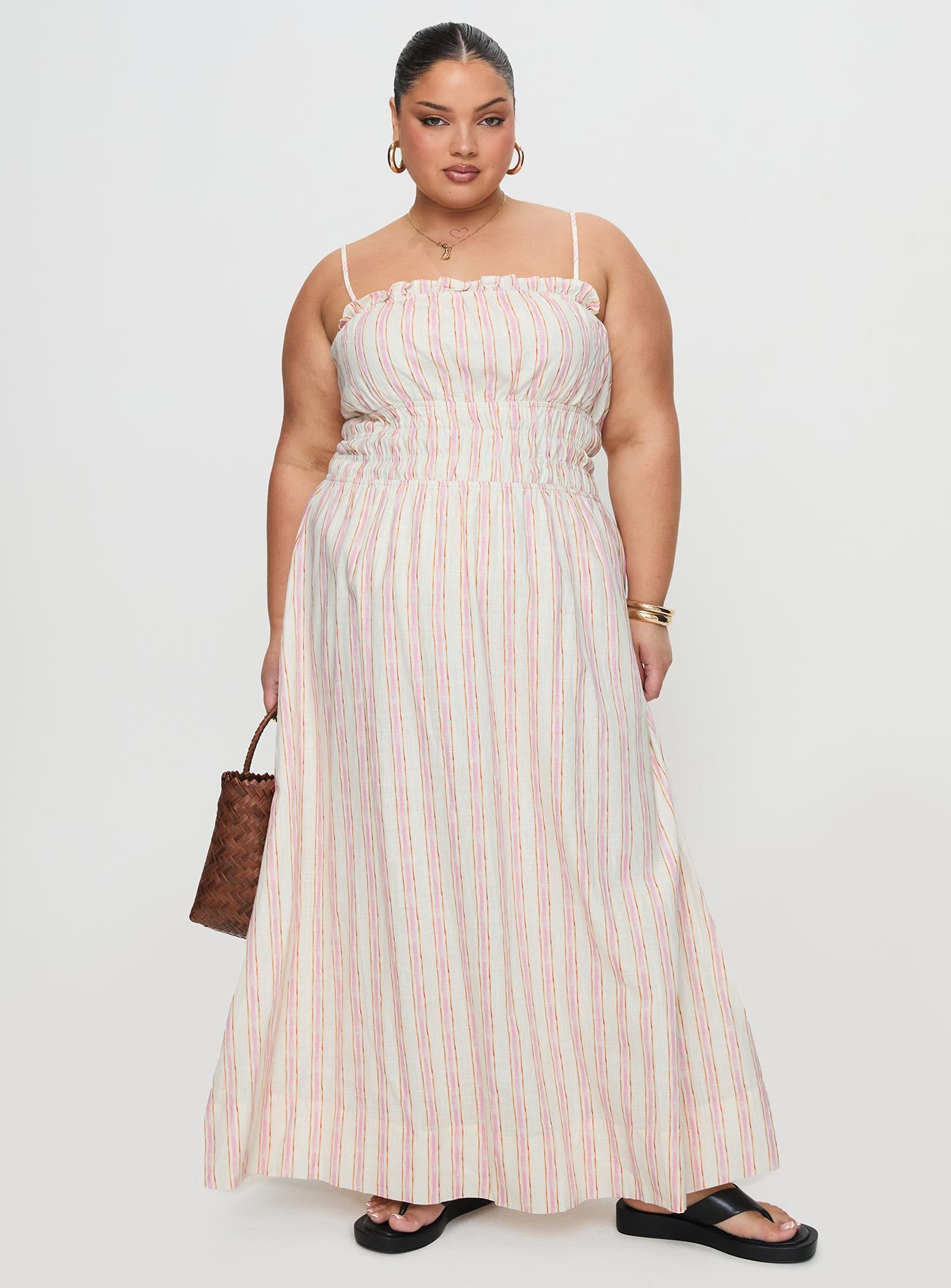 Persephone Shirring Linen Maxi Dress Pink Stripe Curve - Image 2