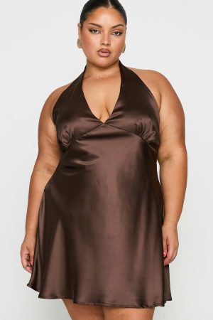 Pelagia Halter Scarf Tie Mini Dress Brown Curve