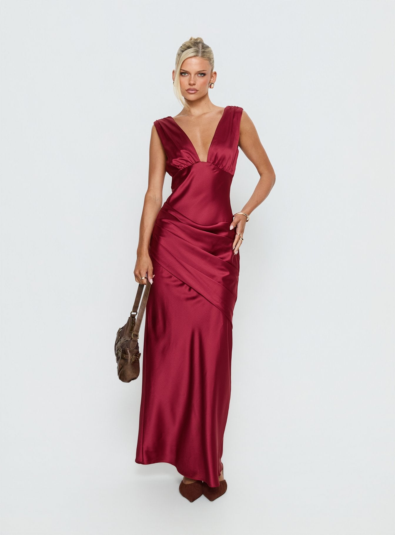 False Alarm Plunge Asymmetrical Pleat Maxi Dress Red - Image 2